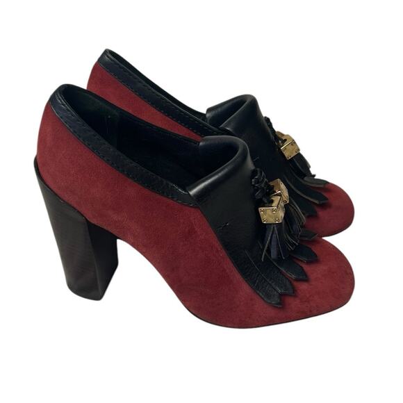 Tory Burch Red Black Suede Leather Tassel Chunky Square Toe Heels Size 7 - Picture 3 of 10